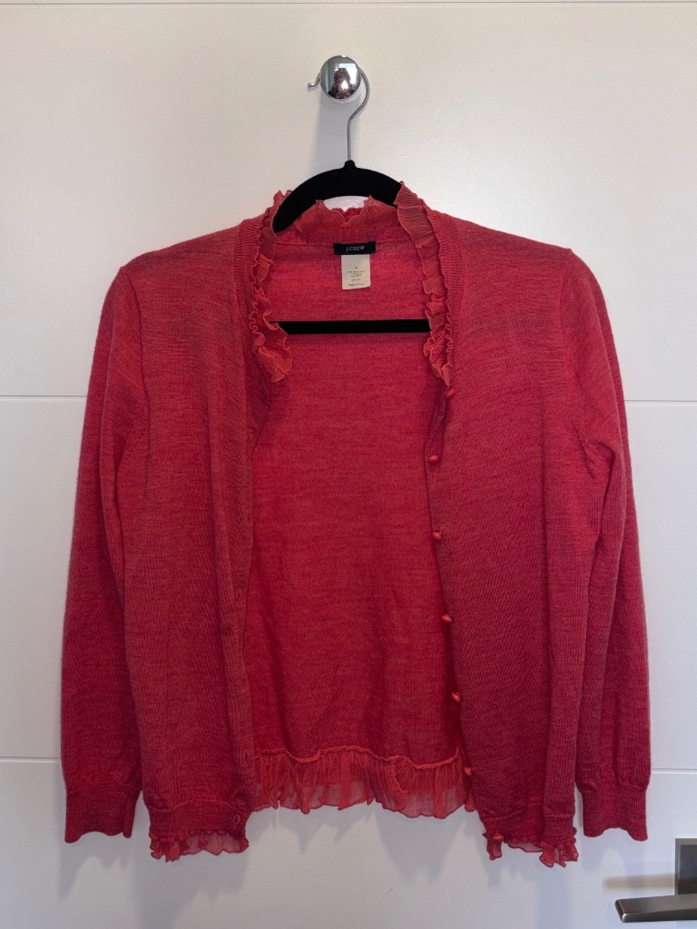 J.Crew 100% Merino Wool Ruffle Trim Cardigan Sweater Size M